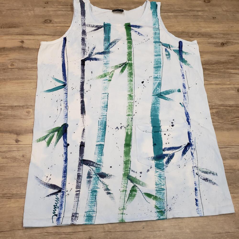 Alore Shirt Womens XL White Bamboo Print Tank Tunic Made USA Cotton Art